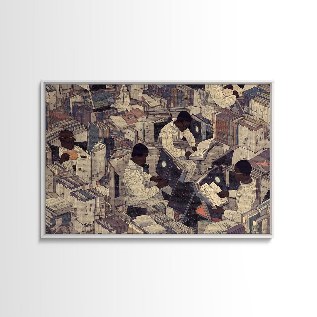 Surreal Black Scholars In Floating Book City Wall Art, Afrofuturism Decor, Black Culture Art, Unique Office Decor, Home Decor Gift