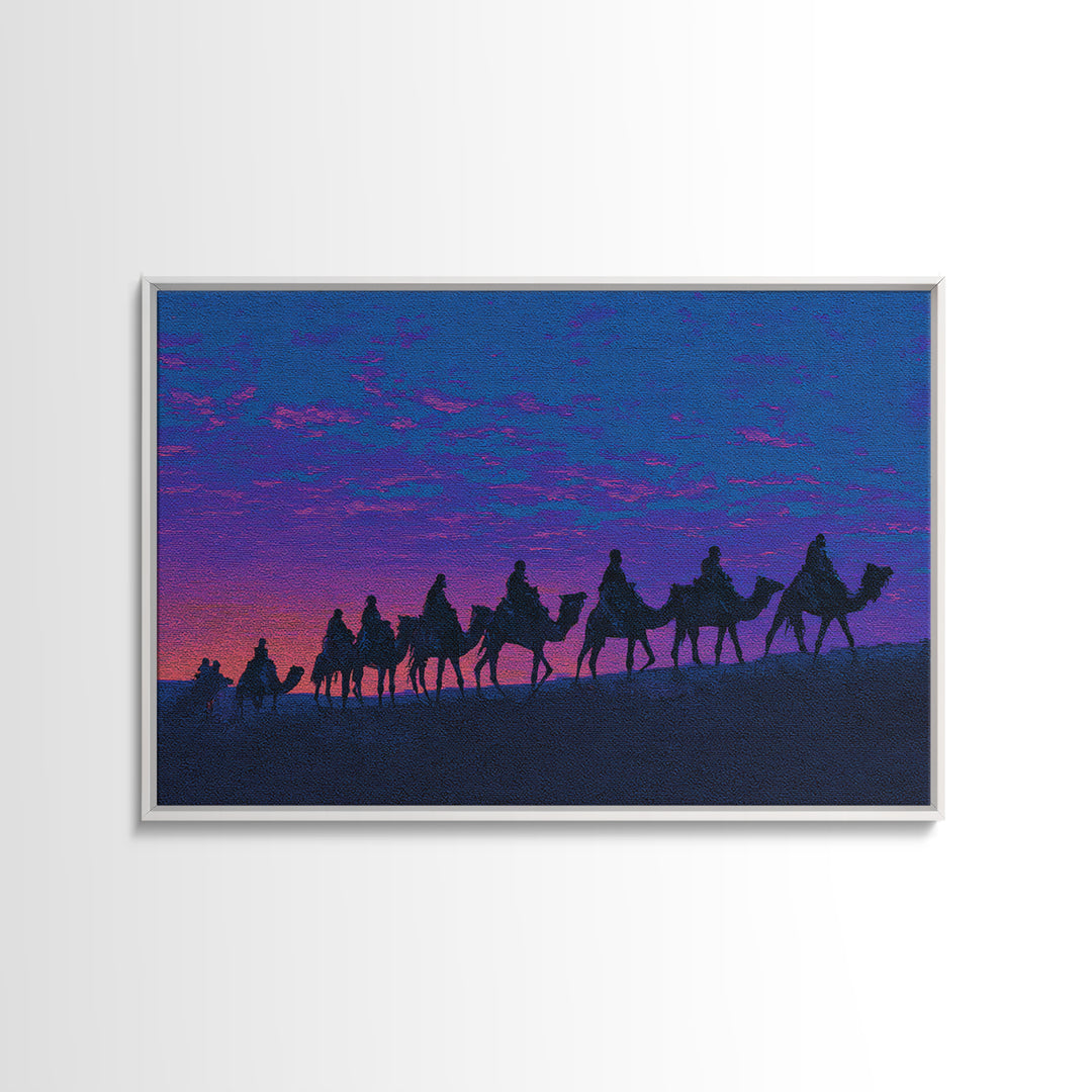 Purple Sunset Camel Caravan Silhouette Canvas Print, African Safari Art, Moroccan Travel Poster, Vibrant Wall Decor, Bedroom Wall Decor