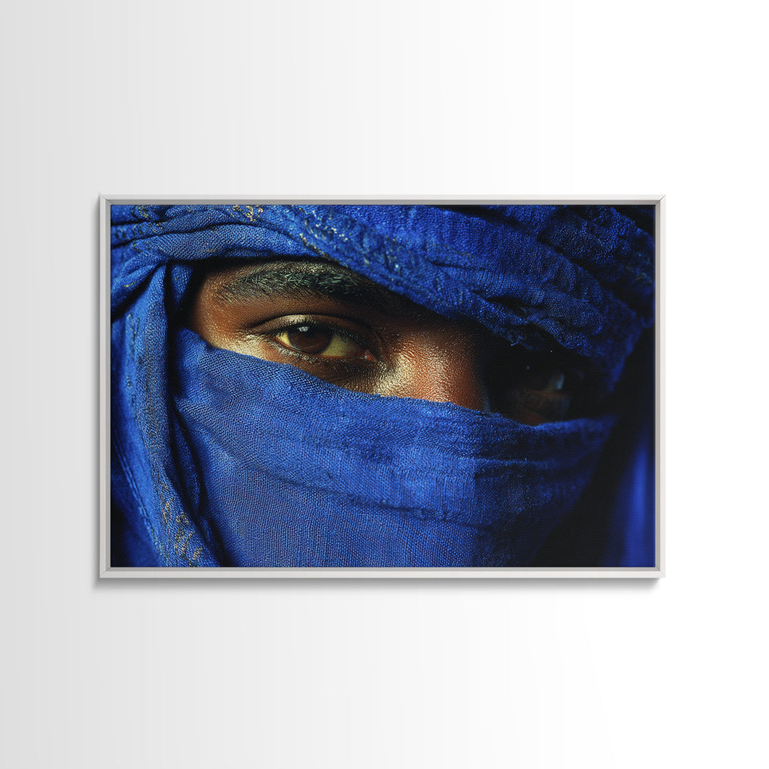 Blue Veiled Tuareg Eyes Portrait Framed Canvas Print, African Portrait, Moroccan Travel Art, Bold Cultural Wall Decor, Gift For Him