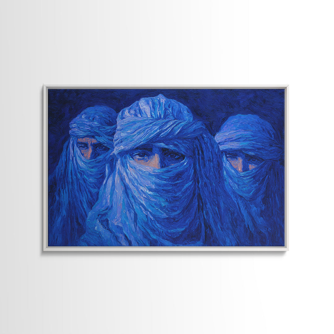 Blue Veiled Desert Nomad Portraits, African Wall Art, Tuareg Inspired Canvas Print, Afrocentric Decor, Bold Blue Gift For Home