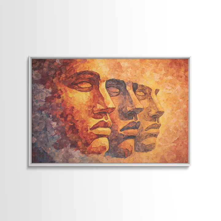 Textured Orange Ancestral Face Profiles, Framed Canvas Print, Abstract African Art, Warm Earth Tone Portrait Wall Decor Gift