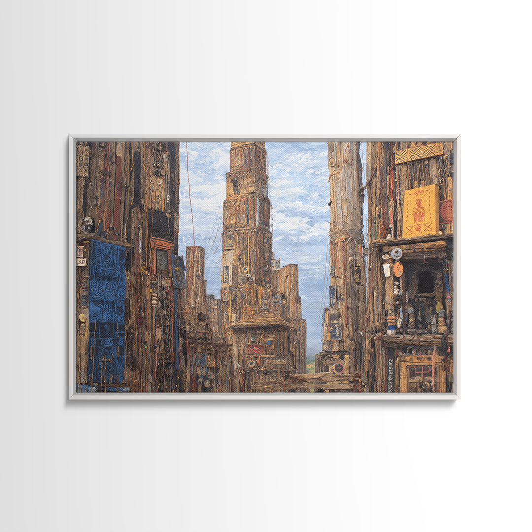 Textured Afro Futuristic City Street, Canvas Print, African Inspired Wall Art, Urban Architecture Decor, Cultural Home Gift