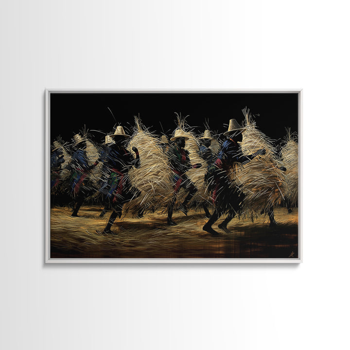 Night Straw Masquerade Dancers Framed Canvas Print, African Tribal Art, Cultural Wall Decor, Black Background Artwork, Gift