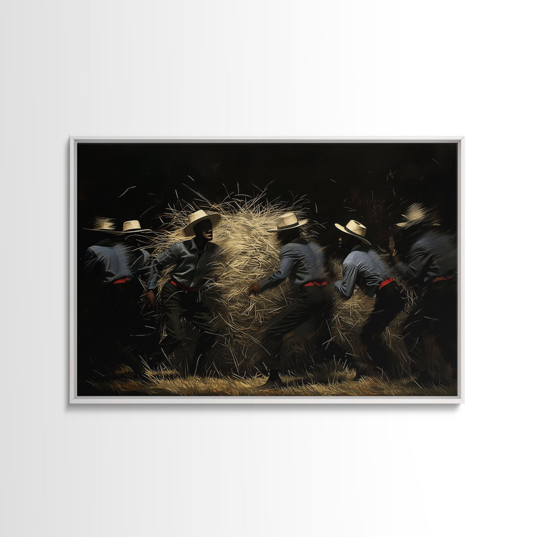 Midnight Harvest Dancers With Straw Wall Art, African Culture Art, Rustic Black Decor, Dynamic Canvas Print Gift For Him