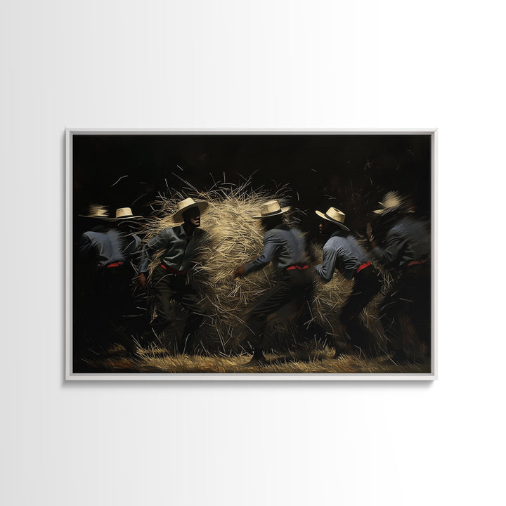 Midnight Harvest Dancers With Straw Wall Art, African Culture Art, Rustic Black Decor, Dynamic Canvas Print Gift For Him