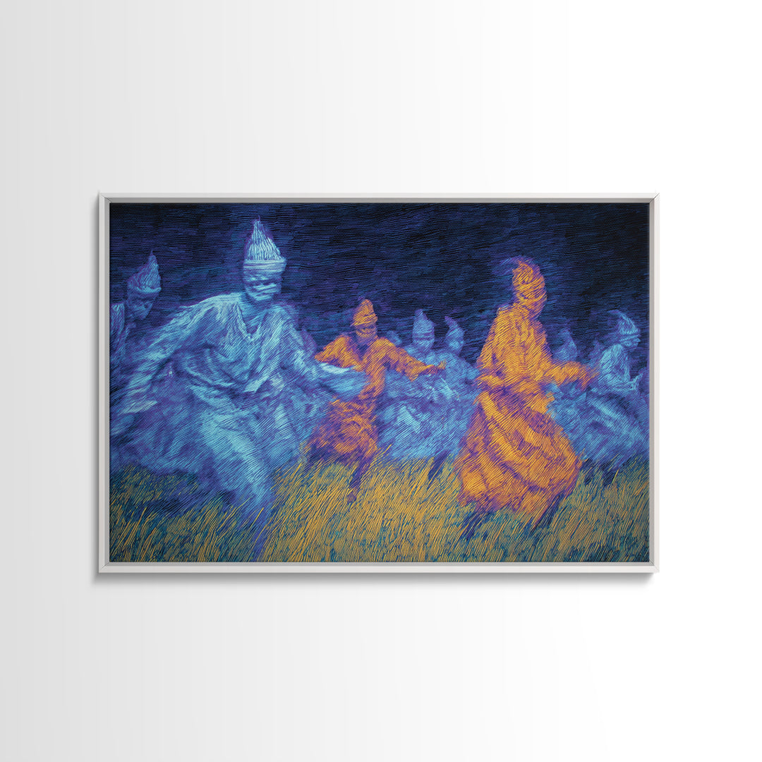 Blue And Orange African Spirit Dancers Wall Art, Cultural Tribal Art Print, Black History Decor, Afrocentric Canvas Print