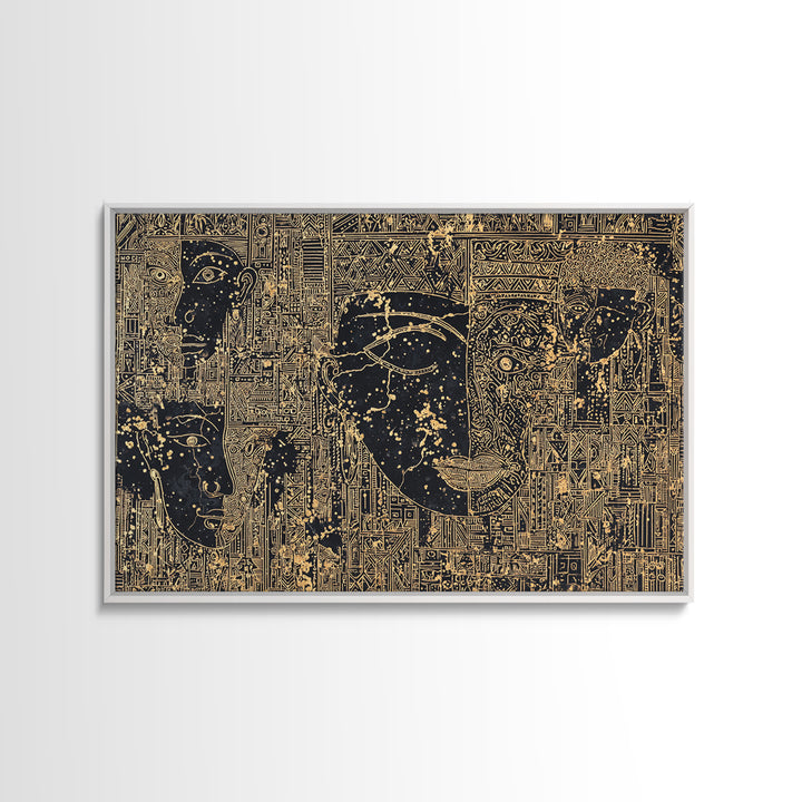 Golden Ancestral Faces And Geometric Tribal Patterns Wall Art, Afrocentric Black Culture Decor, Modern African Canvas Print