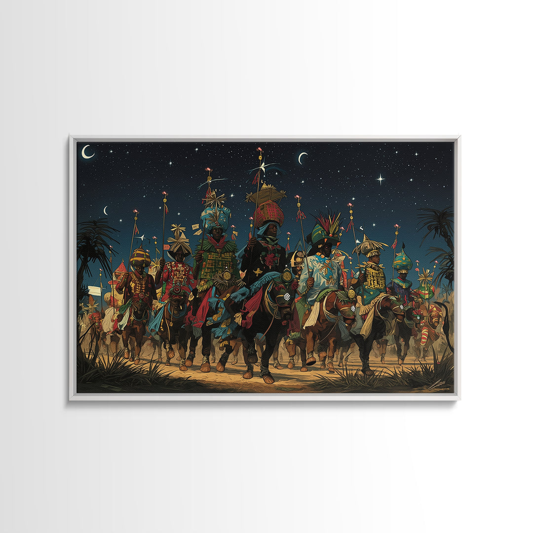 Starry Desert African Warriors On Horseback Framed Canvas Print, Tribal Procession Wall Decor, Afrocentric Safari Art Gift