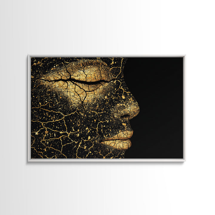 Golden Cracked Black Woman Profile Portrait Wall Art, Elegant Afrocentric Decor, Modern Black Art Print, Luxury Canvas Gift