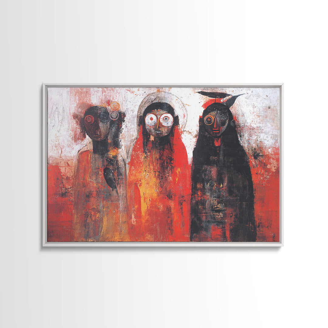 Mystic Three Tribal Figures In Red And Black Abstract Wall Art, African Mask Art Decor, Spiritual Afrocentric Canvas Print