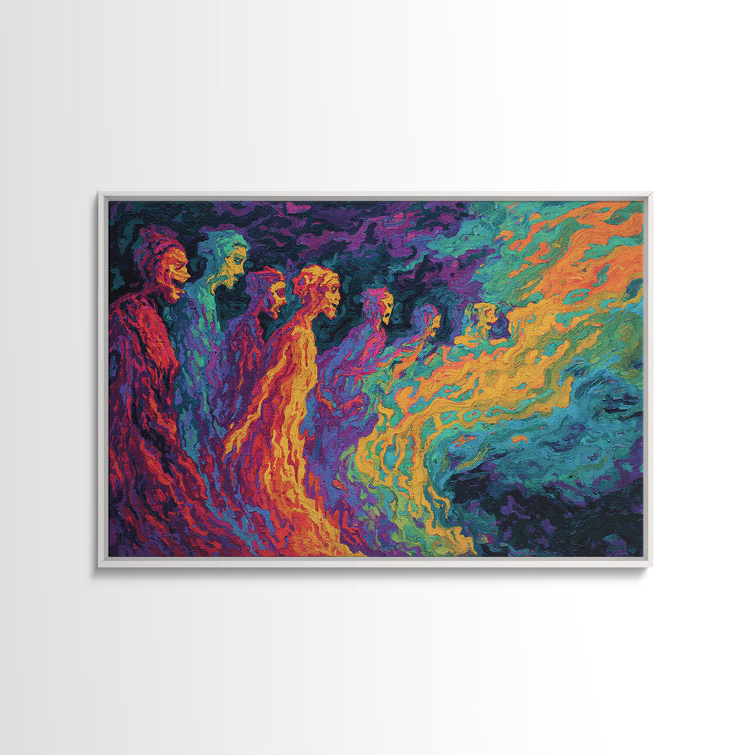 Vibrant Spectral Figures Facing A Swirling Cosmic Sea Canvas Print, Abstract African Art, Colorful Wall Decor Gift, Modern Art