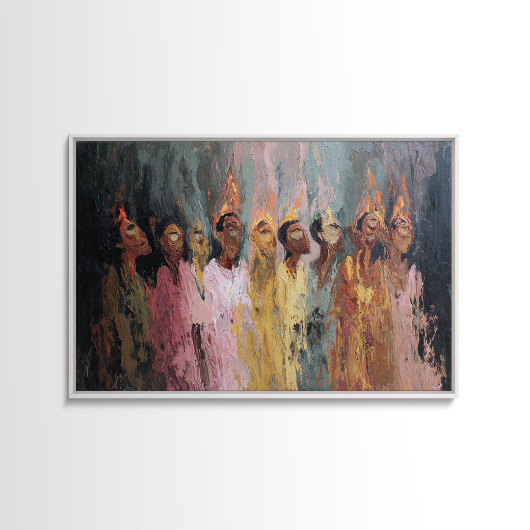 Textured Women In Fiery Robes With Tall Flame Crowns Framed Canvas Print, African Women Art, Elegant Wall Decor, Home Decor Gift