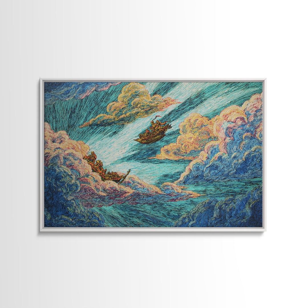 Dreamy Boats Sailing Through Clouds And Turquoise Waves Canvas Print, African Inspired Fantasy Wall Art, Colorful Decor Gift