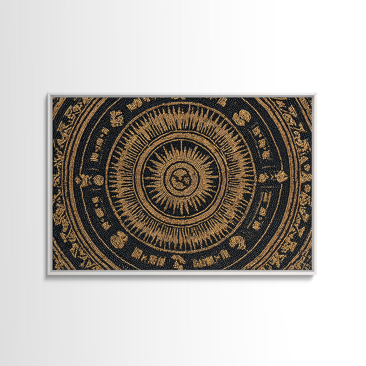 Gold Black African Mandala Bead Pattern Framed Canvas Print, Spiritual Circle Wall Decor, Elegant Ethnic Home Decor Gift