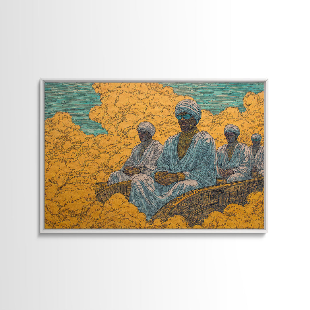 African Men In White Robes On Golden Cloud Canvas Print, Surreal Desert Journey, Cultural Wall Decor, Ethnic Home Decor Gift