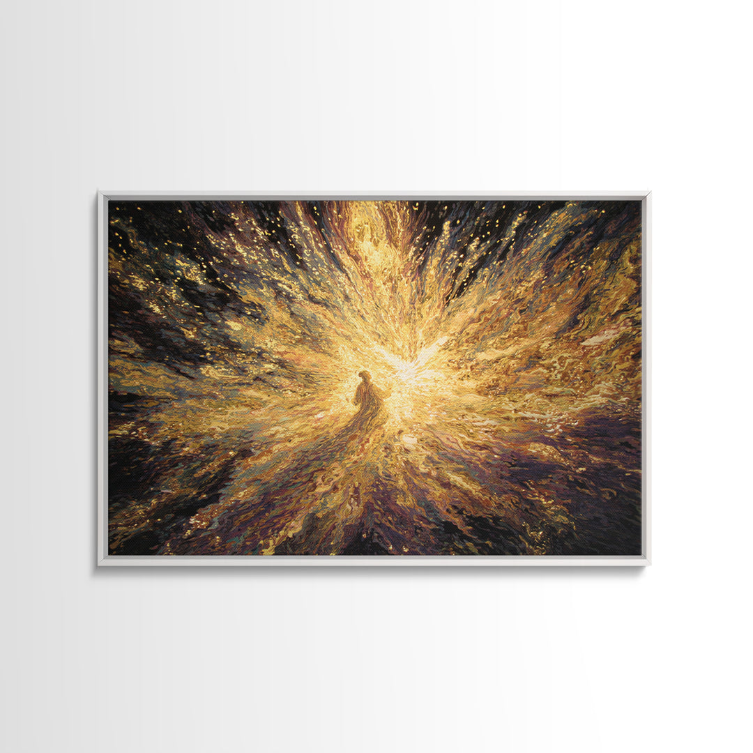 Radiant Golden Spiritual Figure Wall Art, Abstract Light Burst Painting, Mystical Afrocentric Decor, Statement Home Decor