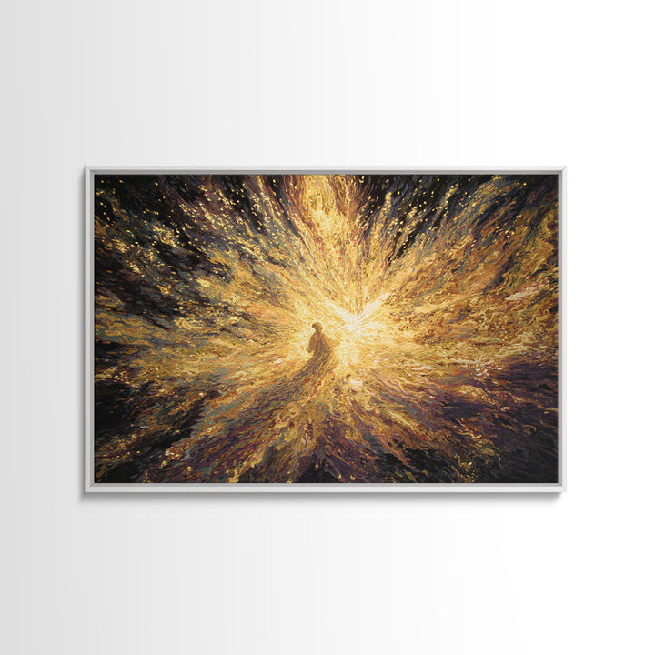 Radiant Golden Spiritual Figure Wall Art, Abstract Light Burst Painting, Mystical Afrocentric Decor, Statement Home Decor