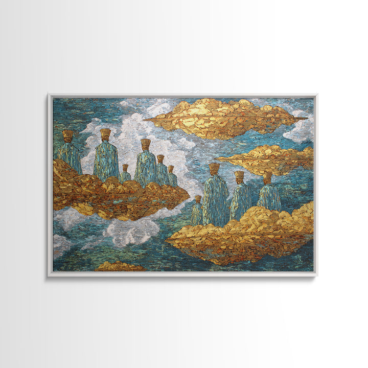 Surreal Floating Island Figures Wall Art, Blue And Gold African Inspired Decor, Dreamy Abstract Ethnic Art Print, Modern Canvas