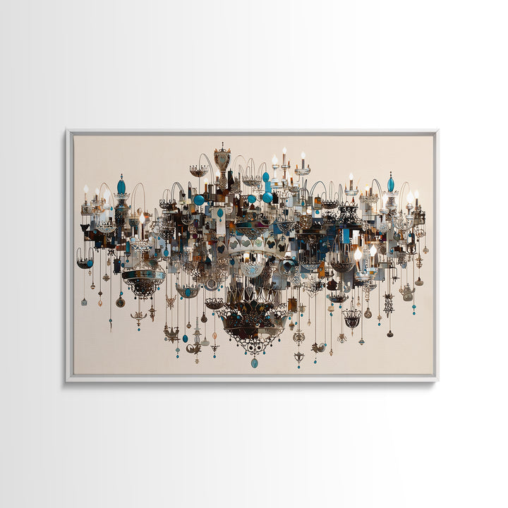 Ornate Blue Jewel Chandelier Framed Canvas Print, Luxury Lighting Wall Decor, Elegant Home Decor, Maximalist Statement Art