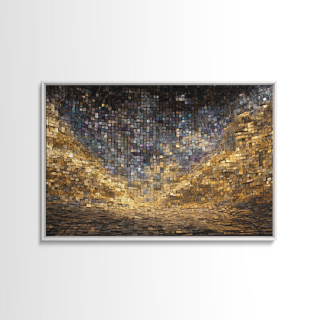 Golden Mosaic Tile Abstract Wall Art, Blue Gold Geometric Canvas Decor, Luxury Textured Art Print, Modern Statement Wall Decor