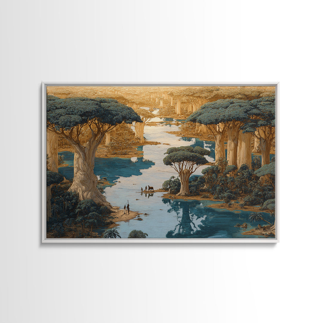 Golden Baobab River Landscape Wall Art, African Safari Decor, Fantasy Nature Scene Art, Earth Tone Canvas Print For Living Room