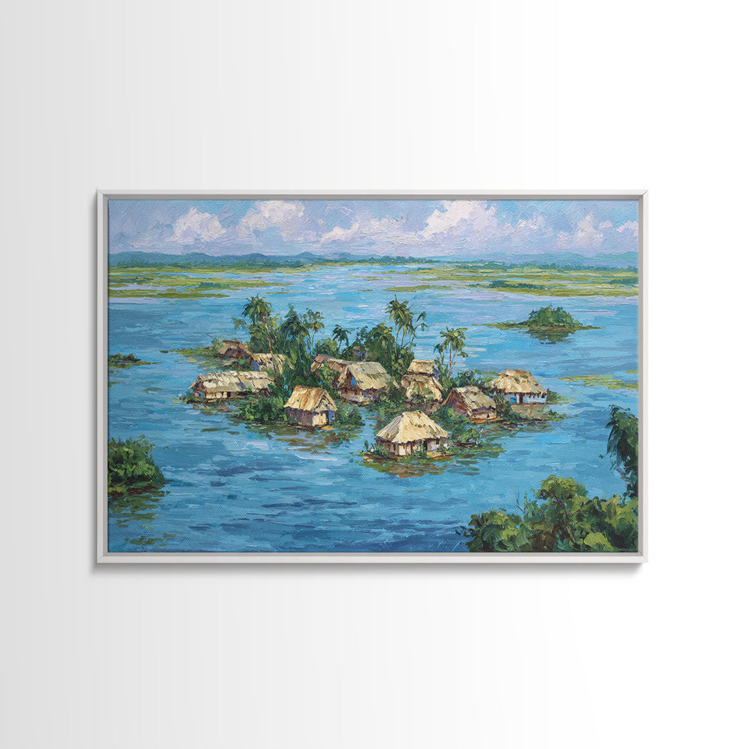 Tropical Island Village Canvas Print, Blue Water Palm Hut Landscape, Africa Inspired Coastal Wall Art, Nature Decor Gift