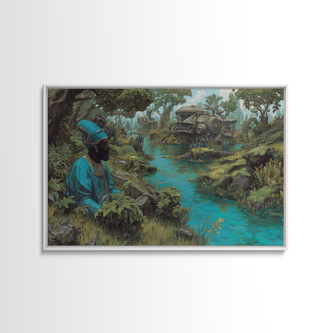 Blue Robed African Man By Jungle River Wall Art, Steampunk Train Landscape, Afrocentric Decor, Modern African Art Print Gift
