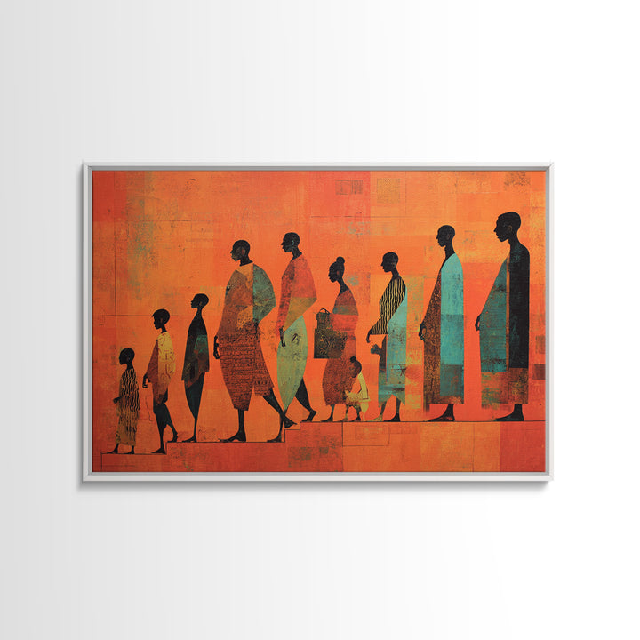 African Family Silhouette Wall Art, Orange Abstract Canvas Print, Ancestral Journey Decor, Black Culture Home Decor Gift