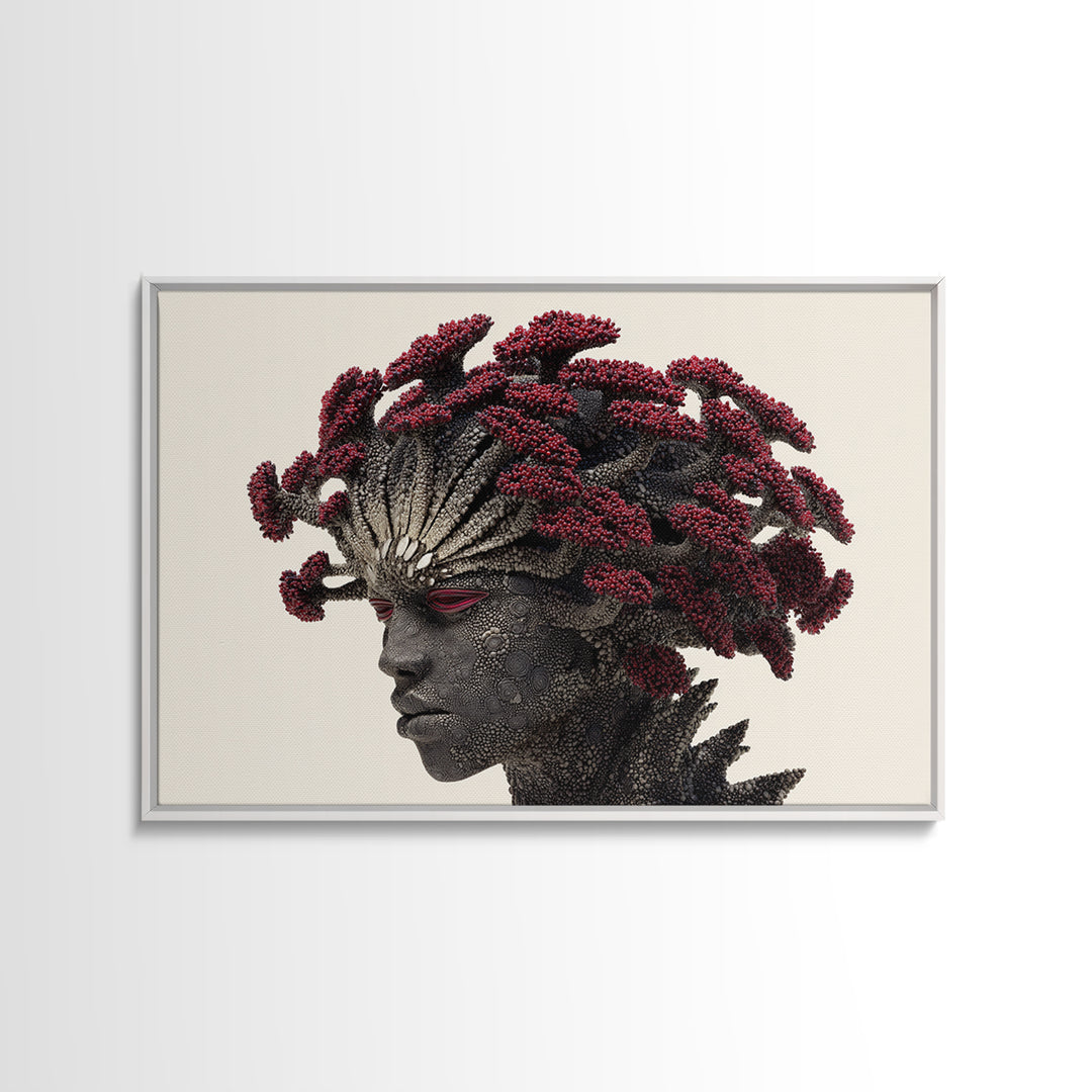 Afrofuturist Woman Portrait Wall Art, Red Coral Hair Canvas Print, Black Goddess Decor, Bold African Beauty Gift For Her