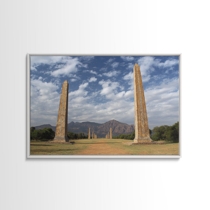 Ancient African Obelisks Wall Art, Monument Landscape Canvas Print, Ethiopia Inspired Travel Decor, Cultural Home Art Gift