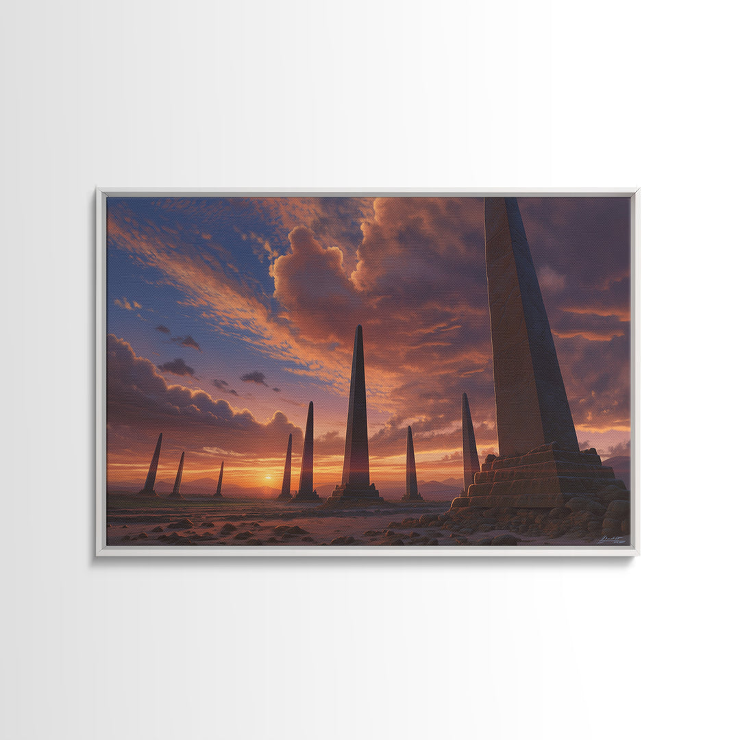 Sunset Desert Obelisks Wall Art, Ancient Monument Canvas Print, African Landscape Decor, Dramatic Travel Home Gallery Gift