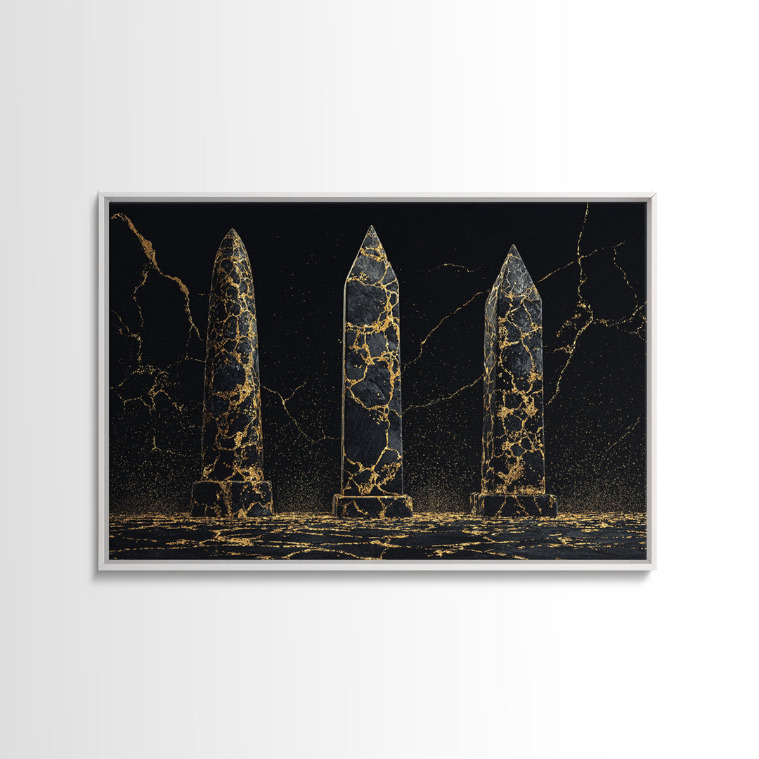 Black And Gold Cracked Obelisks Wall Art, Abstract African Art, Luxury Canvas Decor, Modern Textured Statement Wall Decor