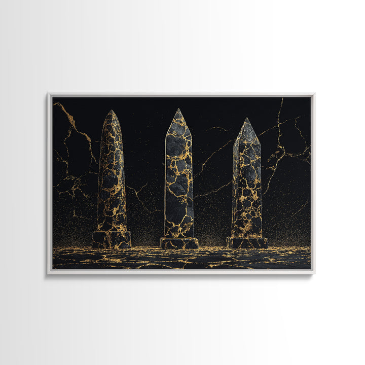 Black And Gold Cracked Obelisks Wall Art, Abstract African Art, Luxury Canvas Decor, Modern Textured Statement Wall Decor
