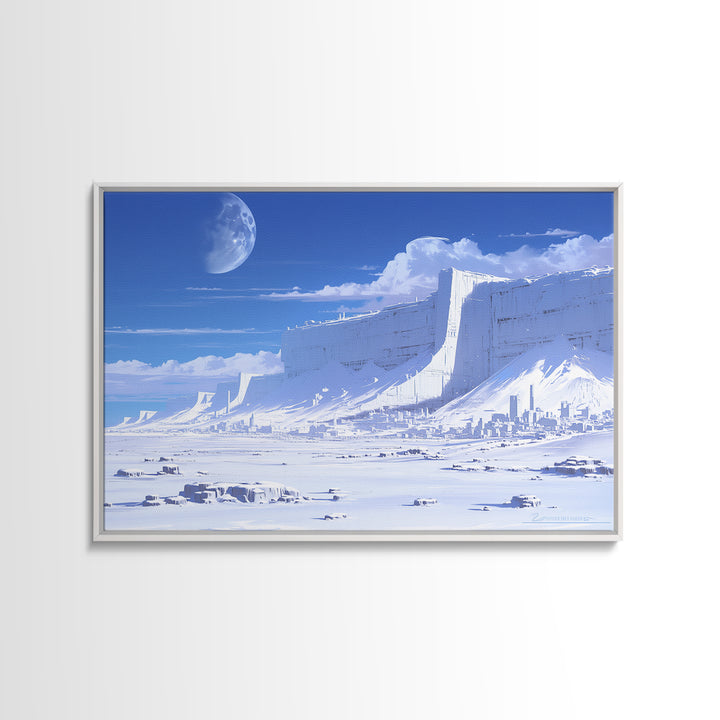 Blue Ice Citadel Moon Landscape Canvas Print, Dreamy Wall Art, Modern Canvas Art, Large Blue Office Decor, Housewarming Gift