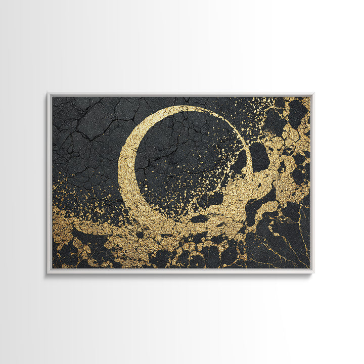 Gold Crescent On Cracked Black Stone Wall Art, Abstract Black Art, Luxury Canvas Art, Spiritual Statement Modern Home Decor Gift