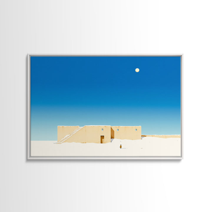 Minimalist Adobe Desert House Canvas Print, Blue Sky Architecture, Beige Wall Art, Modern Southwestern Style Home Decor Gift