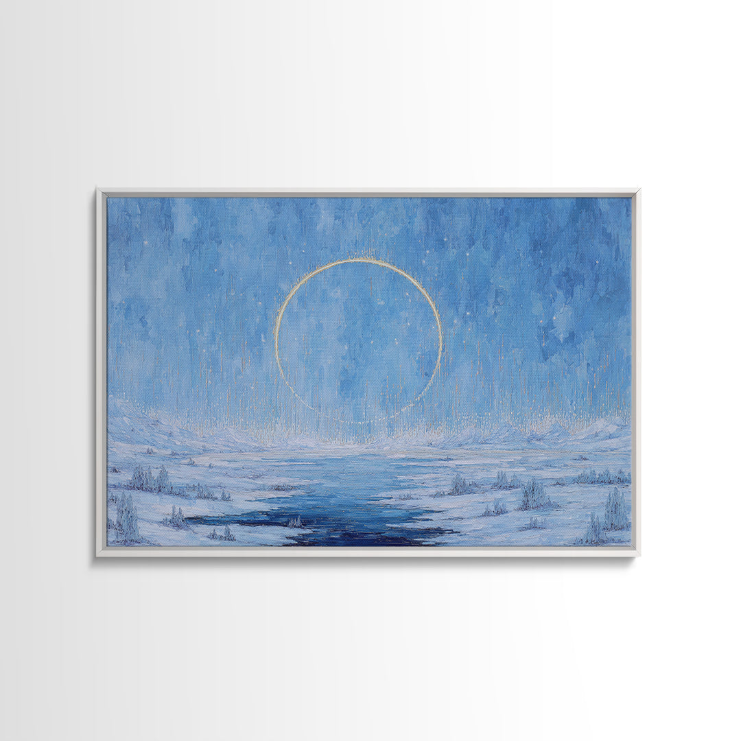Blue Frozen Lake With Golden Ring Wall Art, Dreamy Landscape, Modern Canvas Art, Textured Blue Home Decor, Spiritual Gift