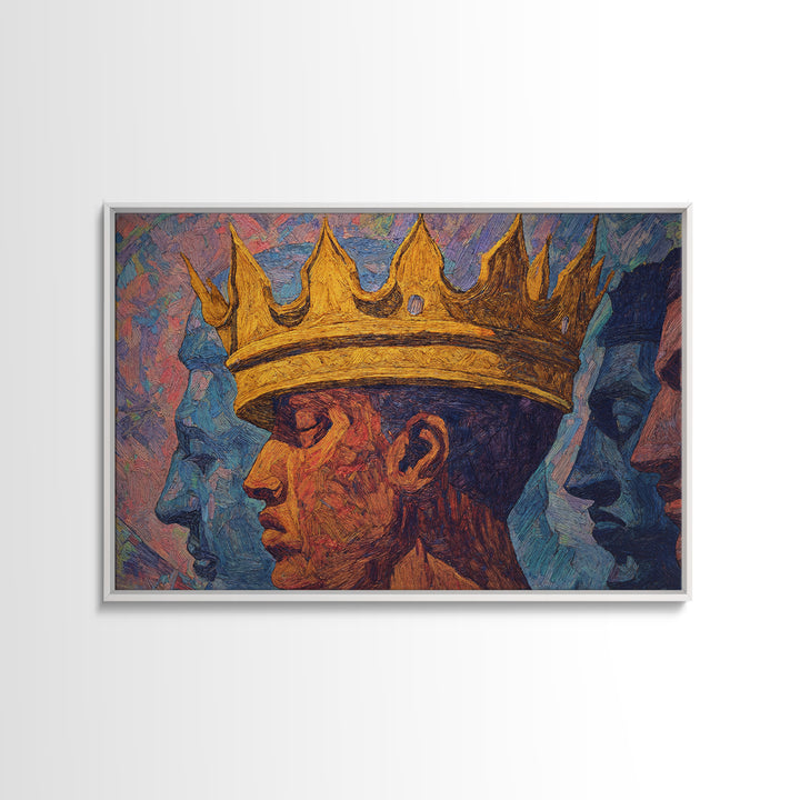 Crowned African King Portrait With Blue Spirit Faces Wall Art, Afrocentric Black History Gift, African American Art Decor