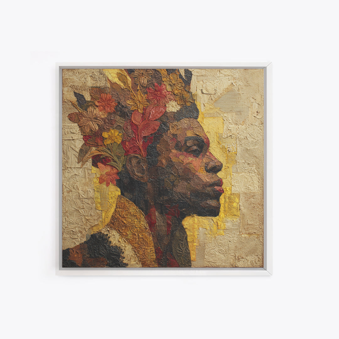 Expressive Portrait with Ornate Floral Background and Canvas Print, African Inspired Art, Fine Art Print, Living Room Decor, AIA-1x1-29