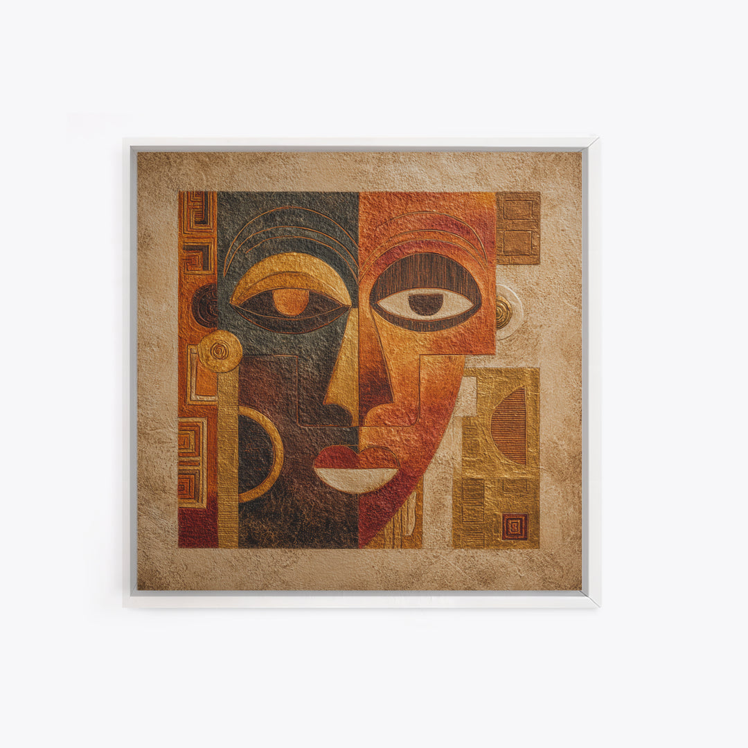 Minimalist African Line Art Faces on Parchment Canvas Print, African Inspired Art, African Wall Art, Living Room Decor, AIA-1x1-34