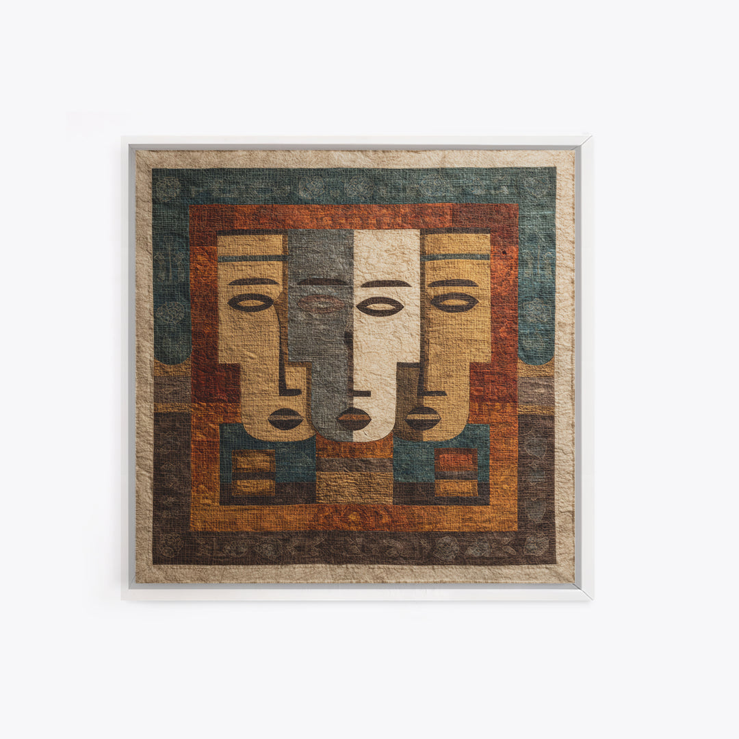 Minimalist African Line Art Faces on Parchment Canvas Print, African Inspired Art, African Wall Art, Living Room Decor, AIA-1x1-58