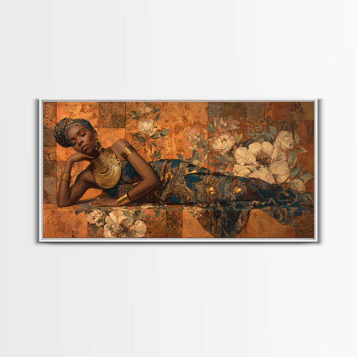 Expressive Portrait with Ornate Floral Background and Canvas Print, African Inspired Art, Modern Wall Art, Living Room Decor, AIA-2x1-97