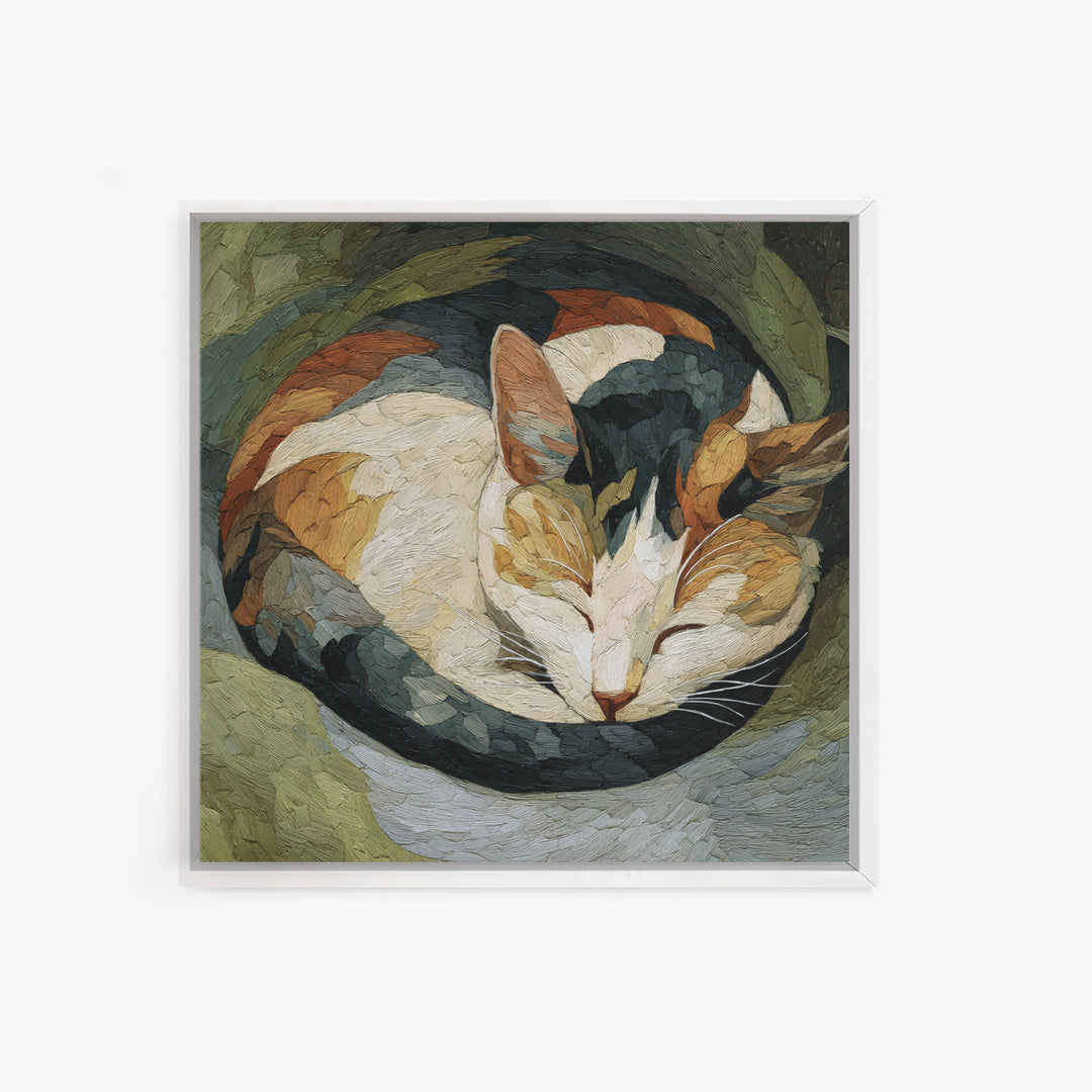 Sleeping Cat Curled Framed Canvas Print, Animal Art, Wall Decor, Living Room Decor, Fine Art, Creature, Nursery Wall Art, ANI-1x1-12