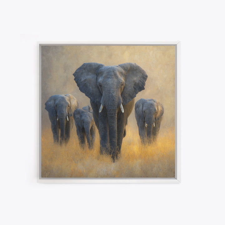 Elephant Family Walking Through Dusty Golden Light Canvas Print, Animal Art, Living Room Decor, Creature, Fine Art Print, ANI-1x1-14