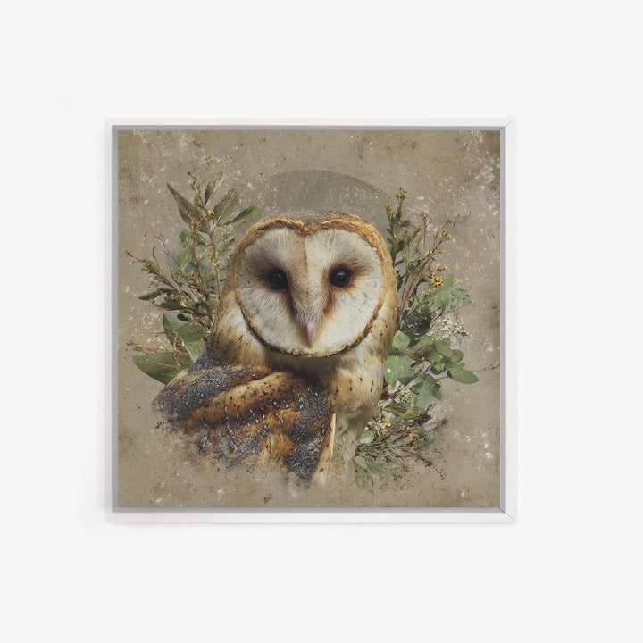 Owl with Moonlit Feathers and Celestial Accents Canvas Print, Animal Art, Nursery Decor, Living Room Decor, Oil Painting, ANI-1x1-15
