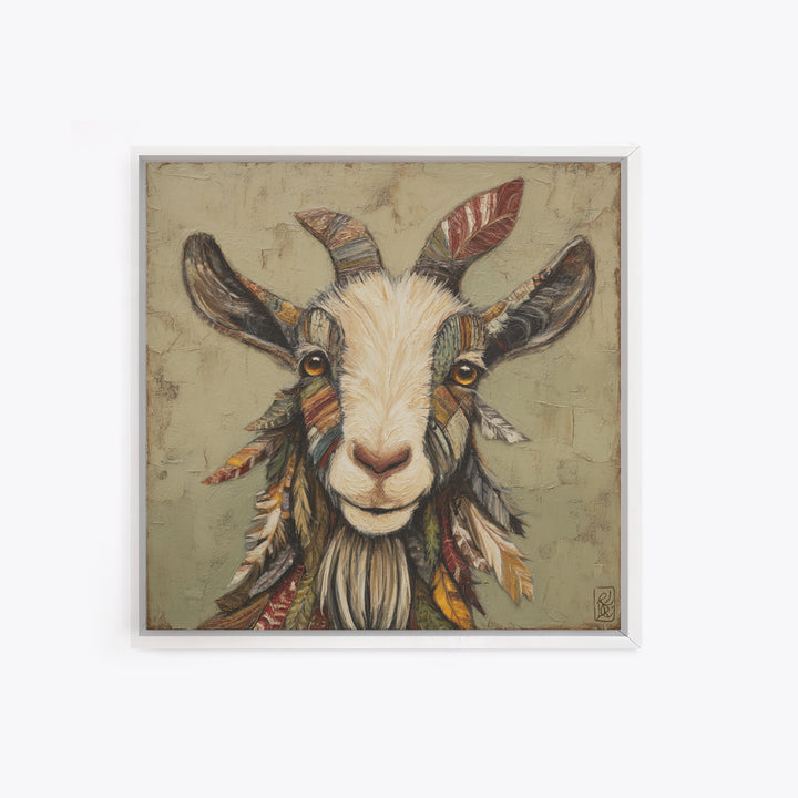 Goat Portrait with Rustic Folk Art Personality Framed Canvas Print, Animal Art, Cat Art, Living Room Decor, Fine Art, Creature, ANI-1x1-21