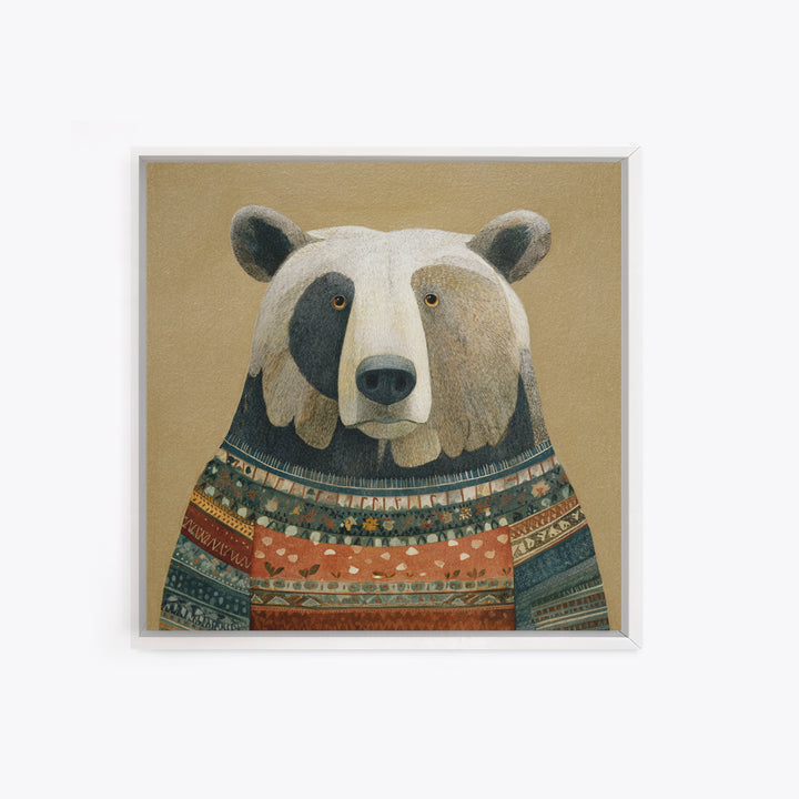 Whimsical Bear in a Patterned Sweater with Canvas Print, Animal Art, Modern Wall Art, Living Room Decor, Fine Art, Creature, ANI-1x1-26