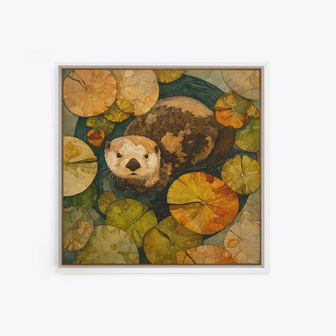 Playful Otter Floating Among Lily Pads Framed Canvas Print, Animal Art, Gallery Decor, Living Room Decor, Fine Art, Creature, ANI-1x1-32