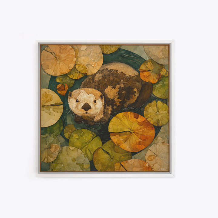 Playful Otter Floating Among Lily Pads Framed Canvas Print, Animal Art, Gallery Decor, Living Room Decor, Fine Art, Creature, ANI-1x1-32