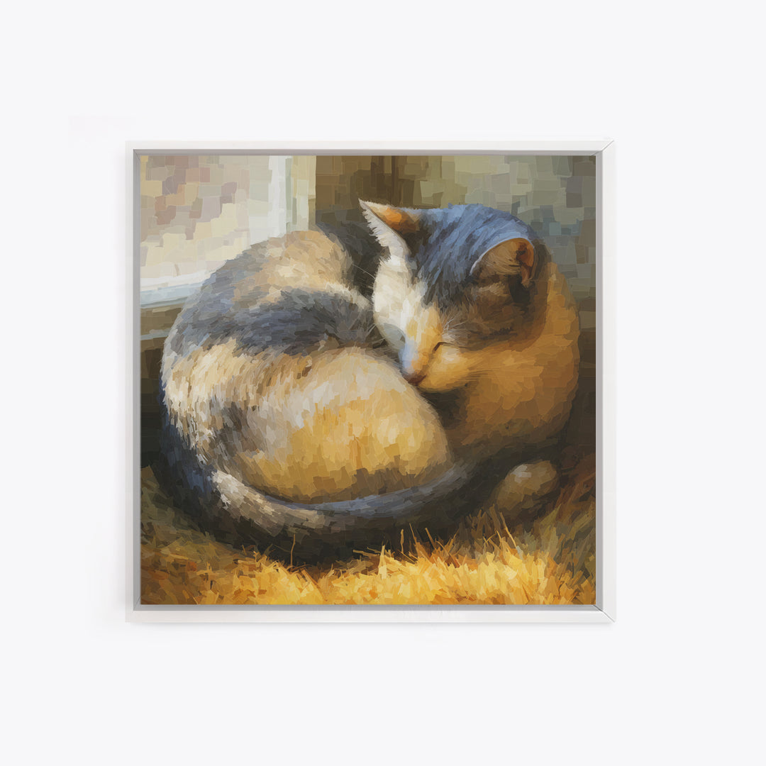 Sleeping Cat Curled Canvas Print, Animal Art, Printable Wall Art, Living Room Decor, Watercolor Art, Creature, Boho Wall Art, ANI-1x1-36